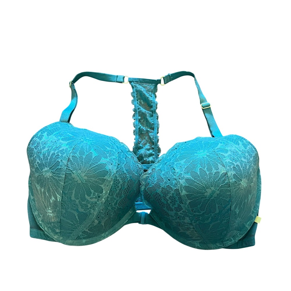 Victoria's Secret Teal Blue Floral Lace Shimmer Push-Up Front-Close Bra 38DD